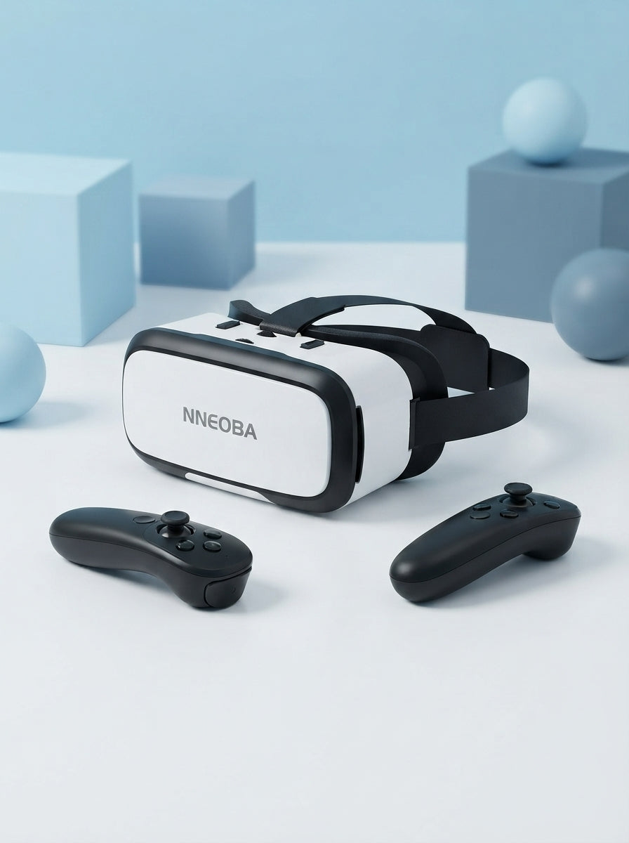 NNEOBA 3D VR headset and controllers displayed on a white surface with slate blue and sky blue decorative accents.